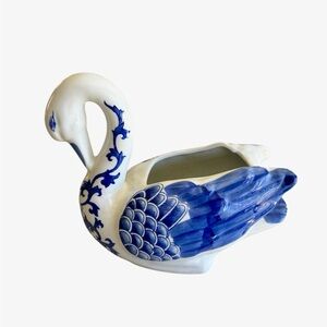 LA DOLCE VITA Blue & White Scroll Swan Ceramic Sculpture Planter Vase 10 in